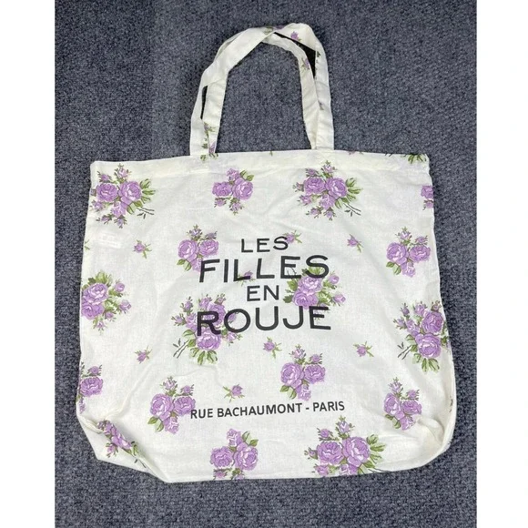 Rouje Paris Ivory Purple Floral Print Les Filles En Rouje Logo Cotton Tote Bag - Picture 2 of 5